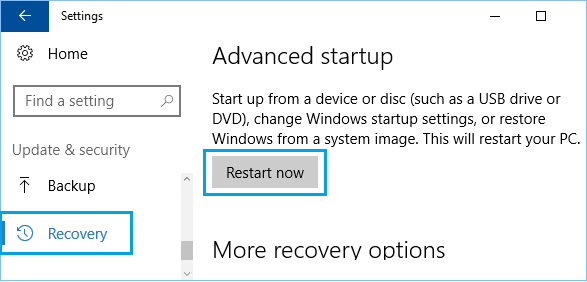 Recovery Option on Windows 10 Settings Screen