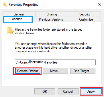 Restore Default Location For the Favourites Folder in Windows 10