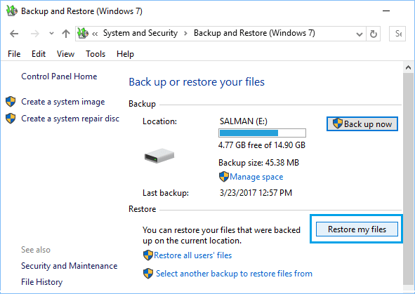 Restore My Files Option in Backup and Restore Tool in Windows 10