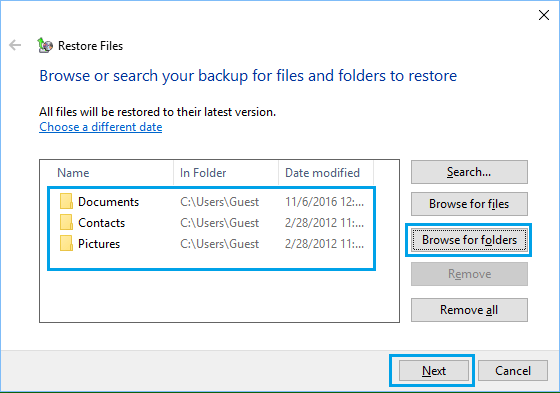 Browse Files and Folders to Restore From Backup in Windows 10