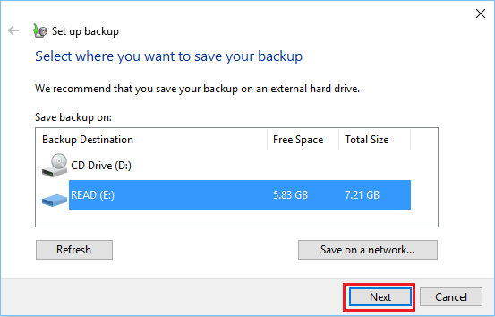 Select Backup Drive to Backup Files in Windows 10