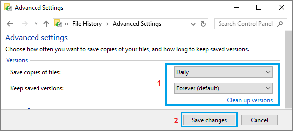 Select Backup Frequency Option in Windows File History Backup