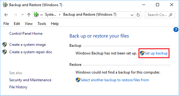 Setup Backup Option in Windows 10 Control Panel