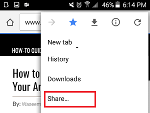 Share Option in Chrome Browser On Android Phone