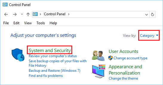 System and Security Option in Windows 10 Control Panel