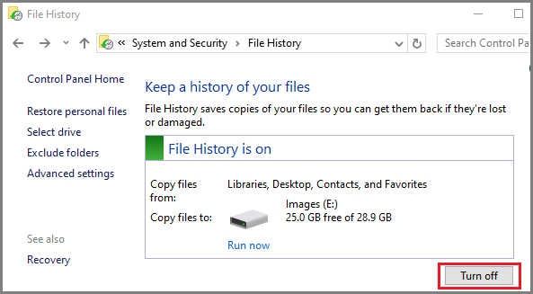 Disable or Turn OFF File History Backup on Windows Computer