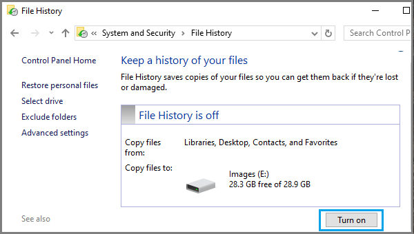 Turn ON File History Backup on Windows Computer