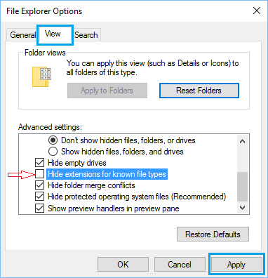Disable Hide Extensions for known file types on Windows