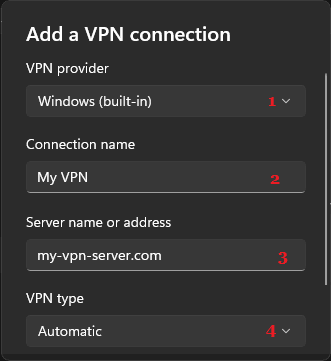 Add VPN Server Address, VPN Type and VPN Provider