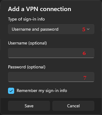 Add VPN Sign-in Info, Username & Password