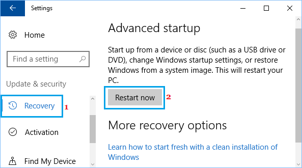 Advanced Startup Option in Windows 10