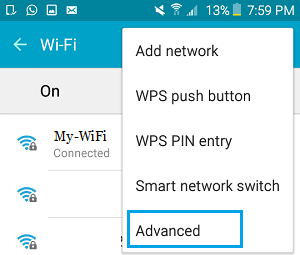 Advanced WiFi Settings Tab on Android Phone