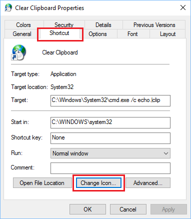 Clear Clipboard Properties Screen in Windows 10