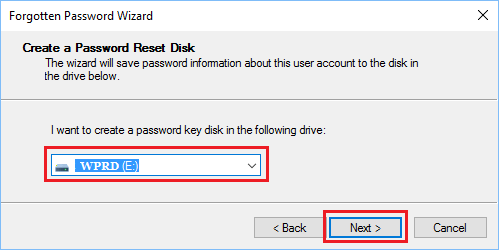 Select the Drive to Create Password Recovery Disk in Windows 10