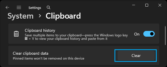 Clear Clipboard History Using Settings