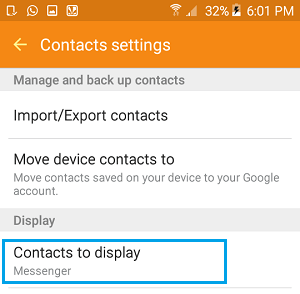Contactos para mostrar la pestaña de configuración en el teléfono Android