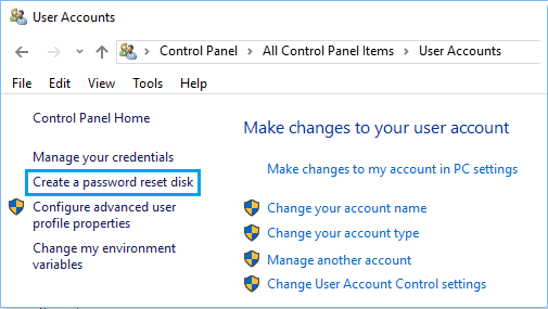 Create Password Reset Disk Option in Windows Control Panel