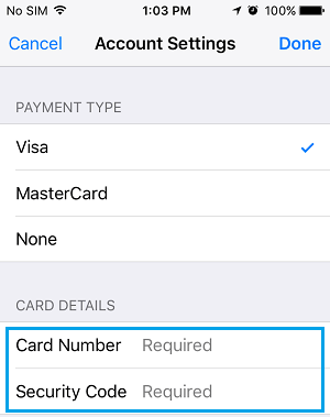 Credit Card Information Removed From Account Settings Screen on iPhone