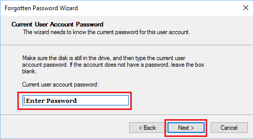 Enter User Account Password in Forgotten Password Wizard Screen