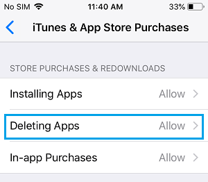 Deleting Apps Settings Option on iPhone
