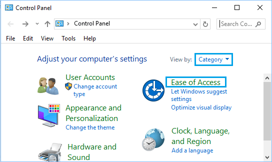 Ease of Access Option in Windows 10 Control Panel