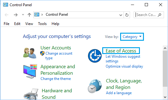 ușor de acces opțiune pe ecranul panoului de Control în Windows 10