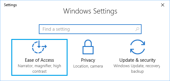  Opción de facilidad de acceso en la pantalla de Configuración de Windows 10