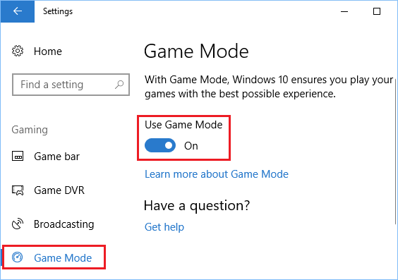 Enable Game Mode Option in Windows 10