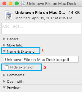 Unhide/Hide Filename Extension option in File Info Screen on Mac