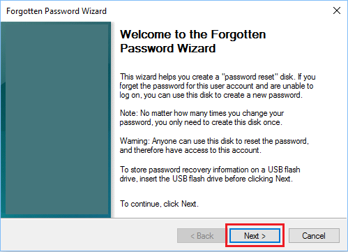 Forgotten Password Wizard Welcome Screen in Windows