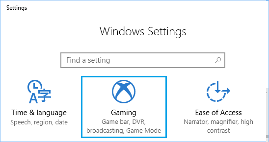 Gaming Option in Windows 10 Settings Screen