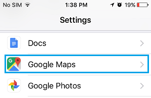 Google Maps Settings Option on iPhone