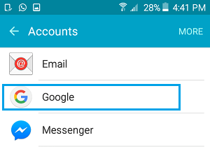 Google Tab on Android Accounts Screen