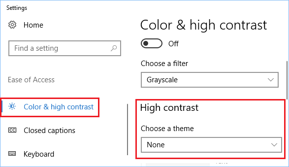 Disable High Contrast Black Settings in Windows 10