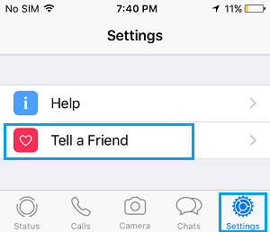 Tell a Friend Option in WhatsApp Settings Screen on iPhone