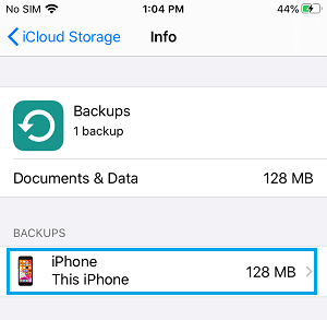 iPhone Backup On iCloud Storage Info Screen