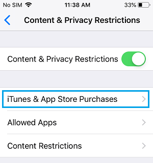 iTunes & App Store Purchases Settings option on iPhone