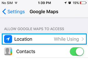 Location Settings Option For Google Maps on iPhone