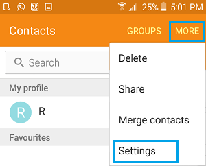 More and Settings on Contacts Screen of Android Phone