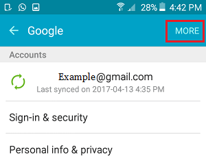More Option On Google Account Settings Screen on Android Phone