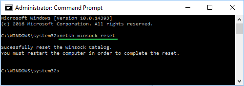 netsh winsock reset Command in Windows 10