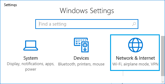 Network and Internet Tab on Windows Settings Screen