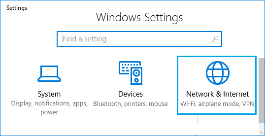 Network and Internet Option in Windows 10 Settings Screen