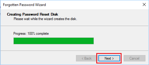 Progress of Password Reset Disk Creation in Windows 10