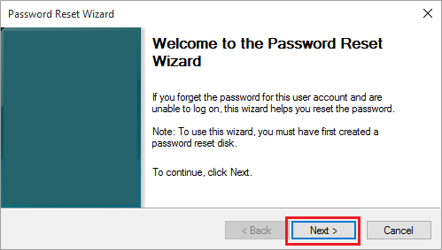Password Reset Wizard Welcome Screen in Windows