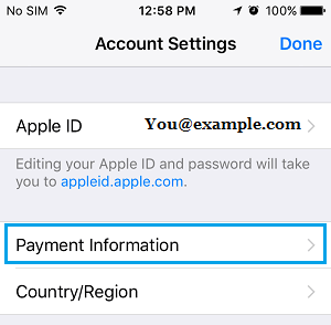 Payment Information Tab on iPhone