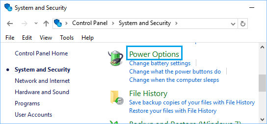 Power Options Tab in Windows 10 Control Panel