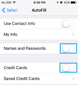 Prevent Safari Browser From Saving Credit Cards and Passwords On iPhone