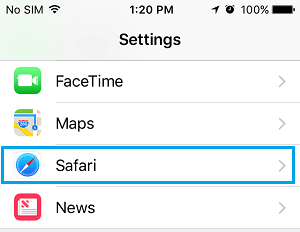 Safari Option on iPhone Settings Screen