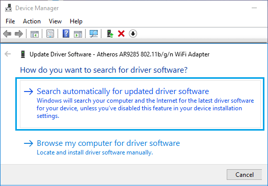 Automatically Search For WiFi Adapter Driver Software Option in Windows 10